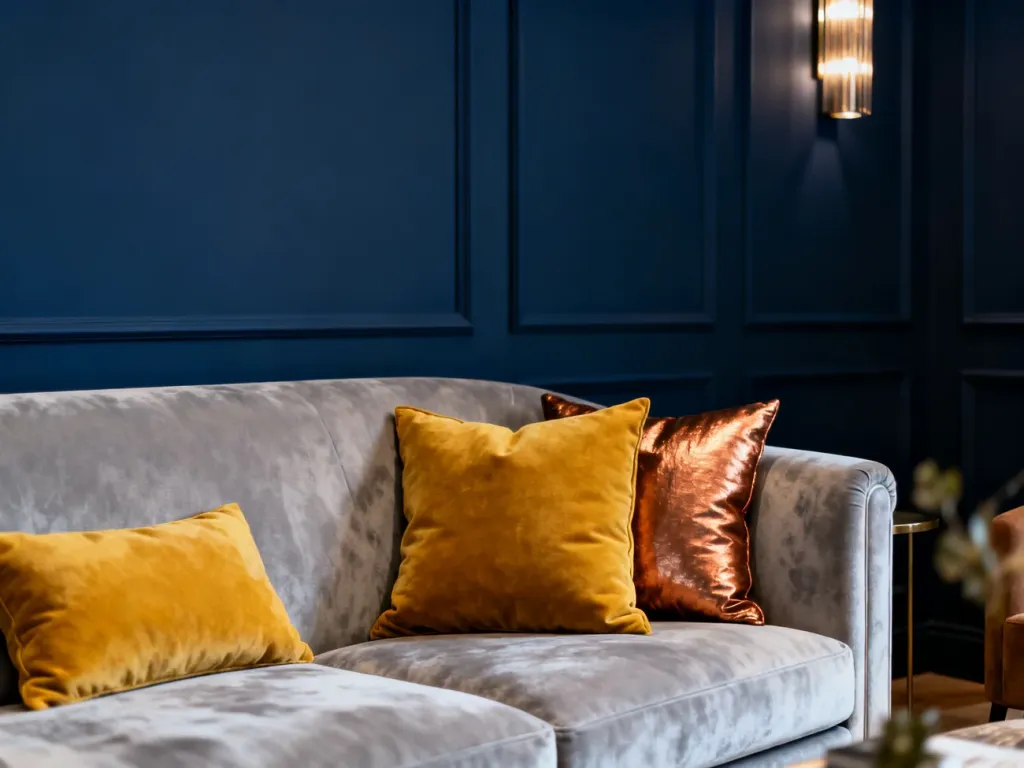 Elegancki salon z granatową ścianą, jasnoszarą sofą oraz poduszkami w odcieniach musztardy i miedzi.