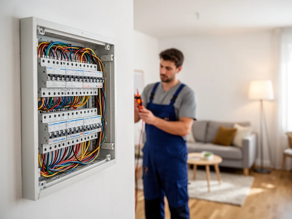Elektryk sprawdza domową rozdzielnicę z uporządkowanymi przewodami, symbol bezpiecznej instalacji elektrycznej w mieszkaniu