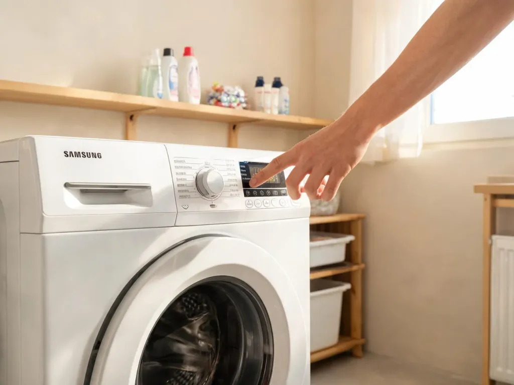 Ręka naciska przycisk reset na panelu pralki Samsung w jasnej, uporządkowanej pralni domowej