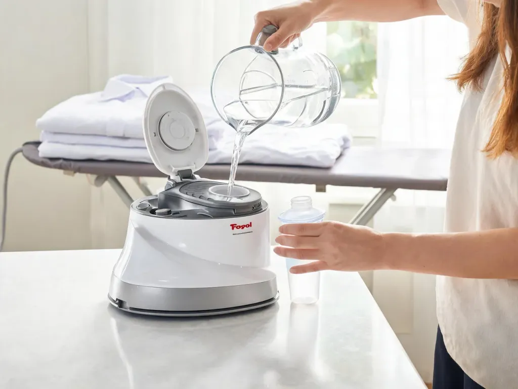 Kobiece ręce odkamieniają stację parową Tefal, wlewając wodę do zbiornika w jasnej, nowoczesnej kuchni.