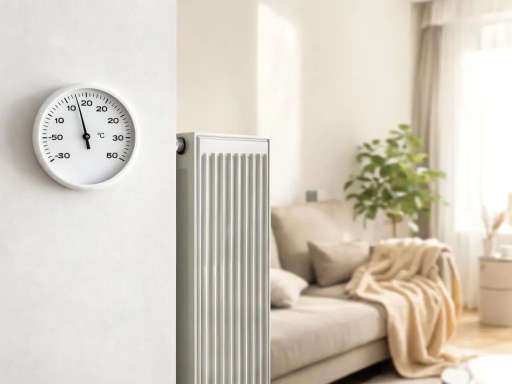 Termometr przy kaloryferze w jasnym salonie pokazujący ok. 20°C, ilustrujący minimalną temperaturę w mieszkaniu.