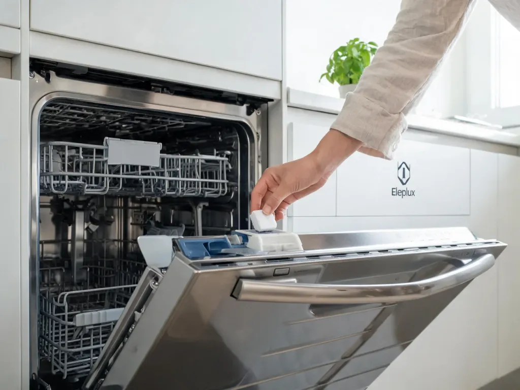 Ręka wkłada tabletkę czyszczącą do lekko otwartej zmywarki Electrolux w nowoczesnej, jasnej kuchni