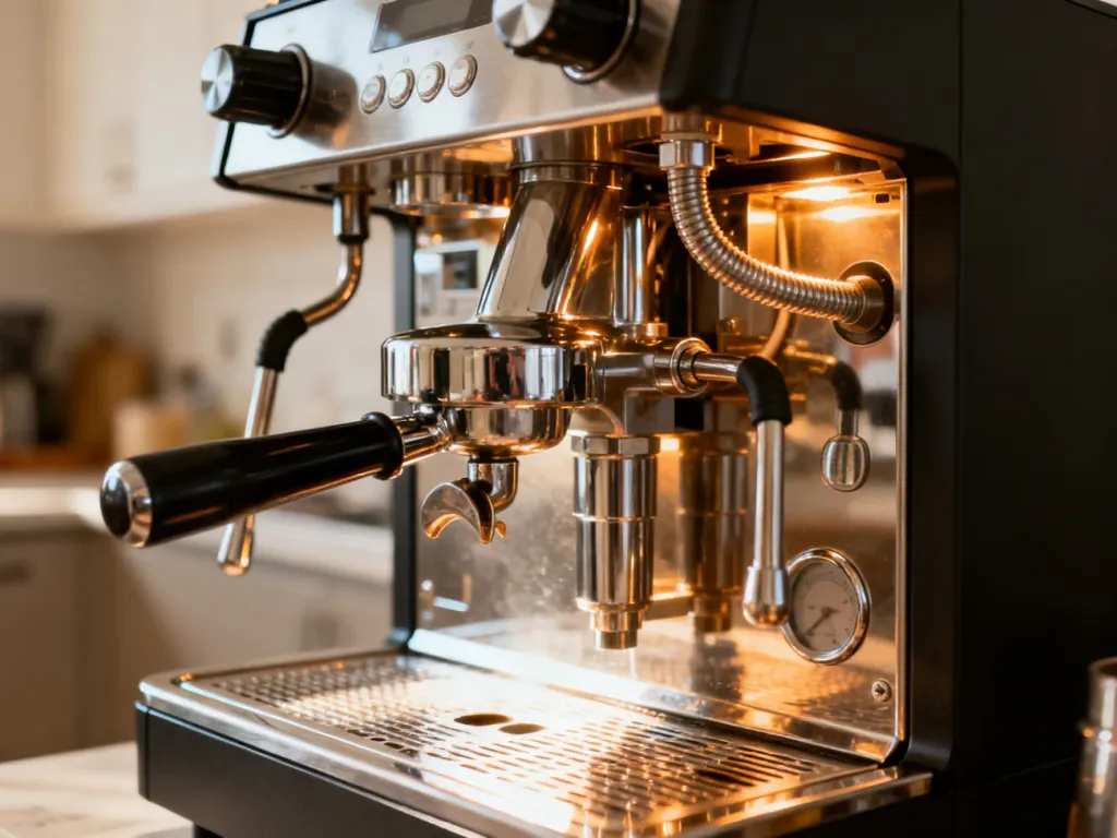 Wnętrze ekspresu DeLonghi z lśniącymi, czystymi podzespołami po profesjonalnym odkamienianiu.