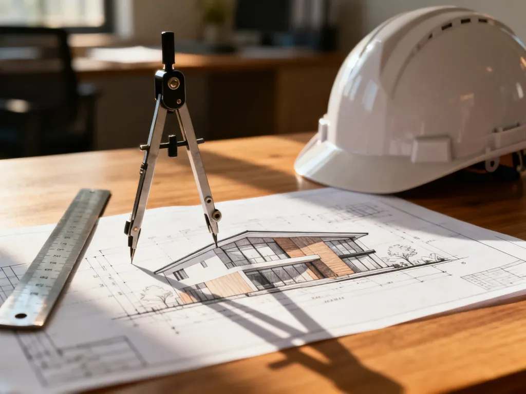 Projekt architektoniczny domu na drewnianym stole wraz z kaskiem i przyborami kreślarskimi, symbolizujący proces budowy.