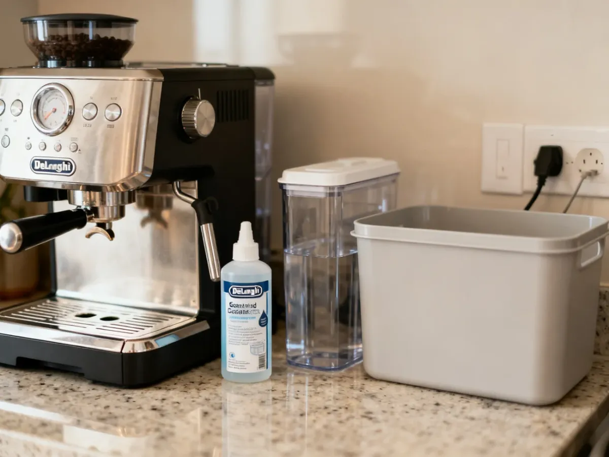 Przygotowanie ekspresu DeLonghi i akcesoriów do odkamieniania
