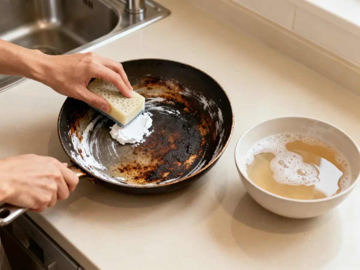 Czyszczenie przypalonej patelni miękką gąbką i pastą z sody
