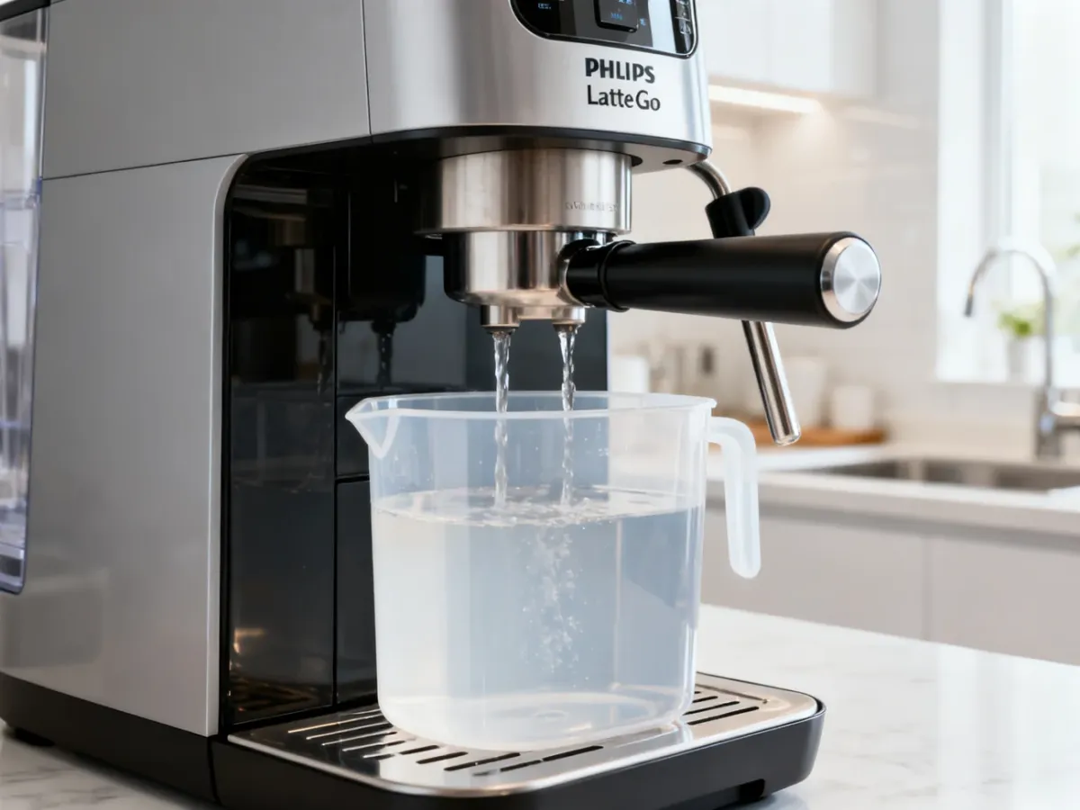 Ekspres Philips LatteGo podczas odprowadzania roztworu odkamieniającego do naczynia