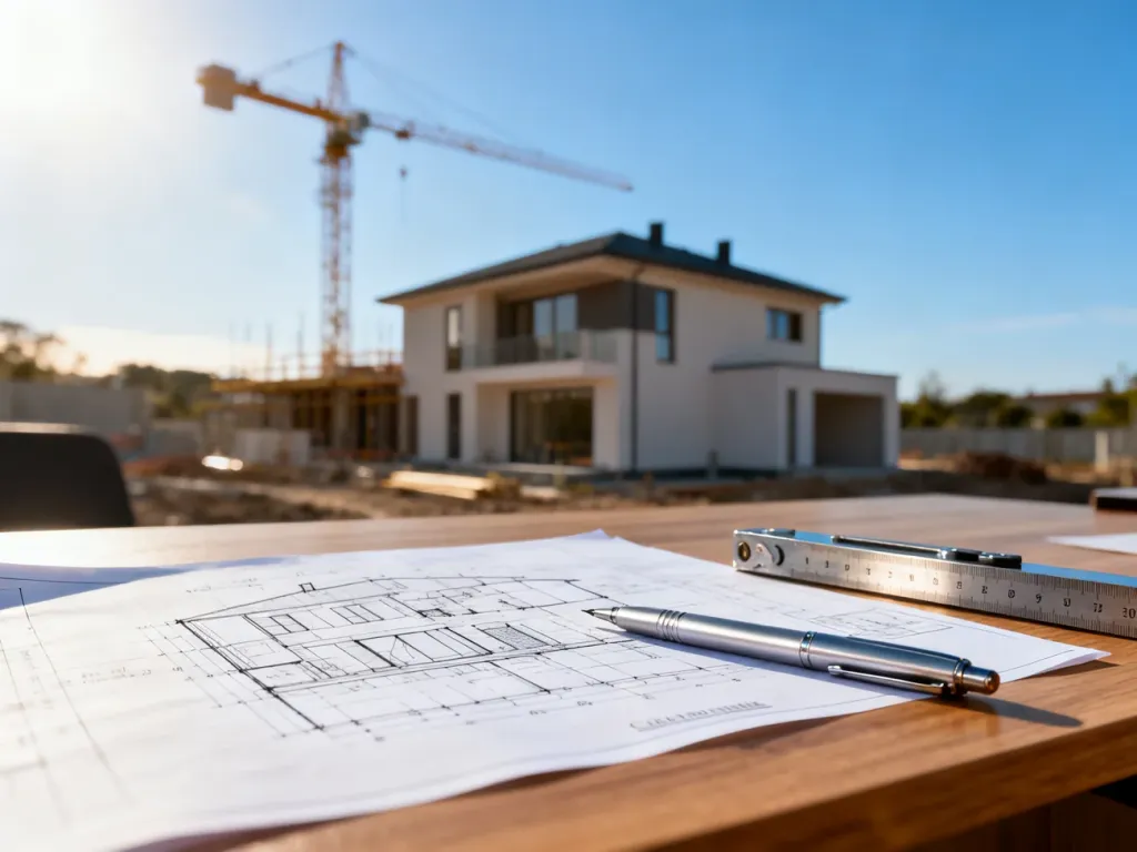 Projekt architektoniczny domu na drewnianym biurku z przyborami kreślarskimi, w tle plac budowy z żurawiem.