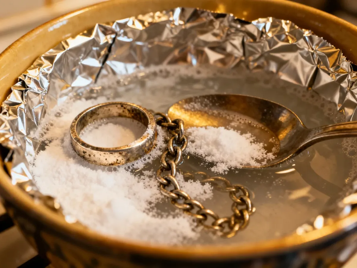 Srebrna biżuteria i sztućce czyszczone w misce z folią aluminiową, sodą i gorącą wodą