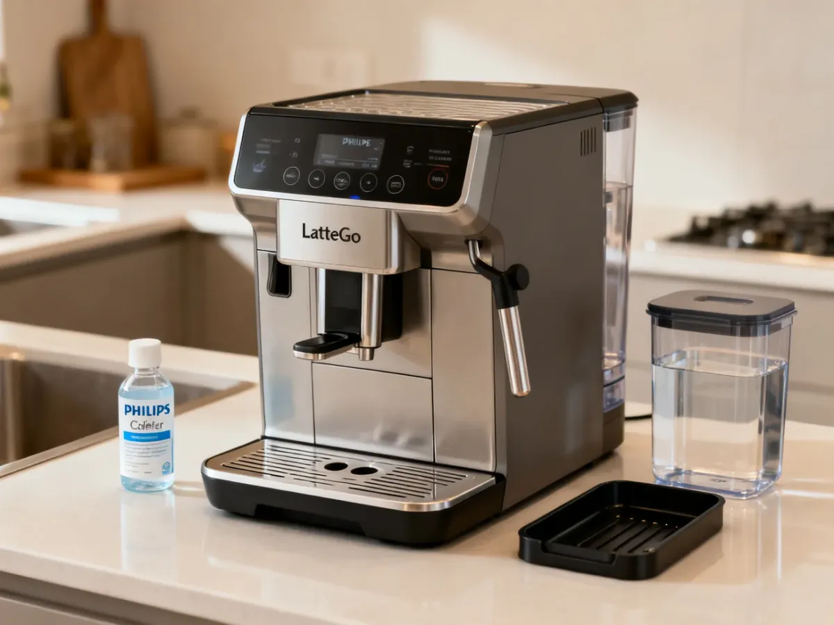 Ekspres Philips LatteGo i akcesoria przygotowane do odkamieniania