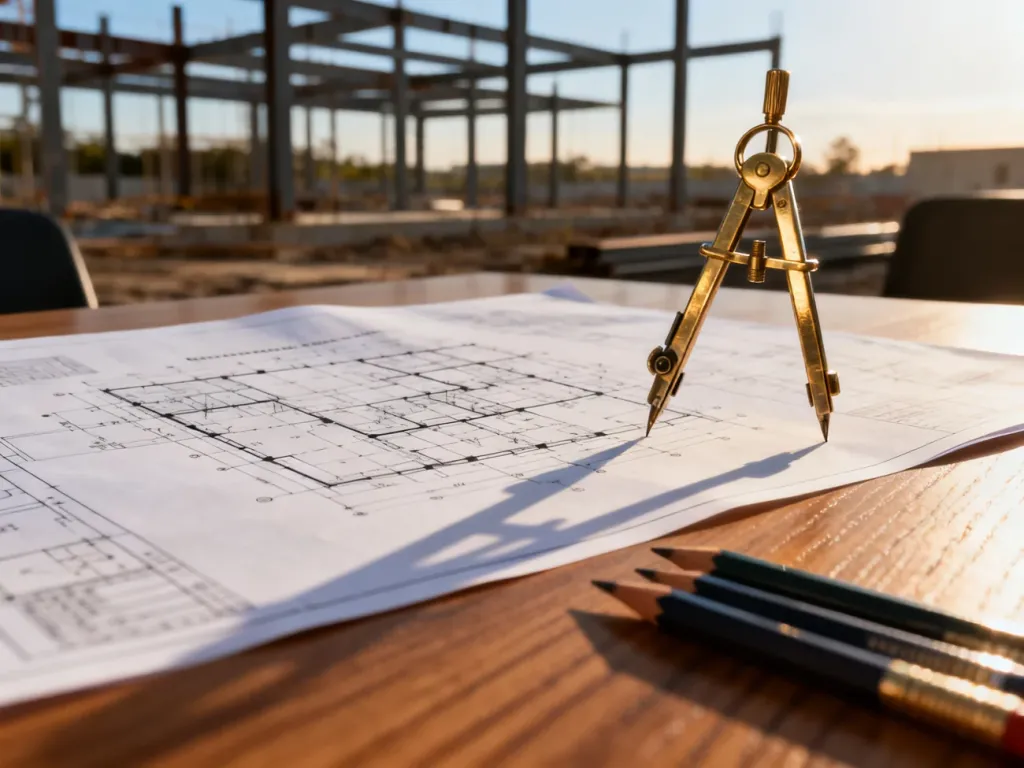 Projekt architektoniczny na drewnianym biurku z przyborami kreślarskimi, w tle widoczny plac budowy w promieniach słońca.