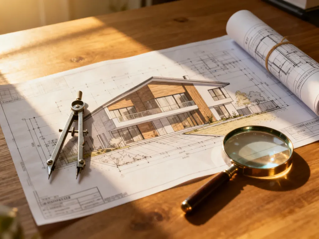Projekt architektoniczny domu z dokumentami pozwolenia na budowę i przyborami kreślarskimi na drewnianym biurku.