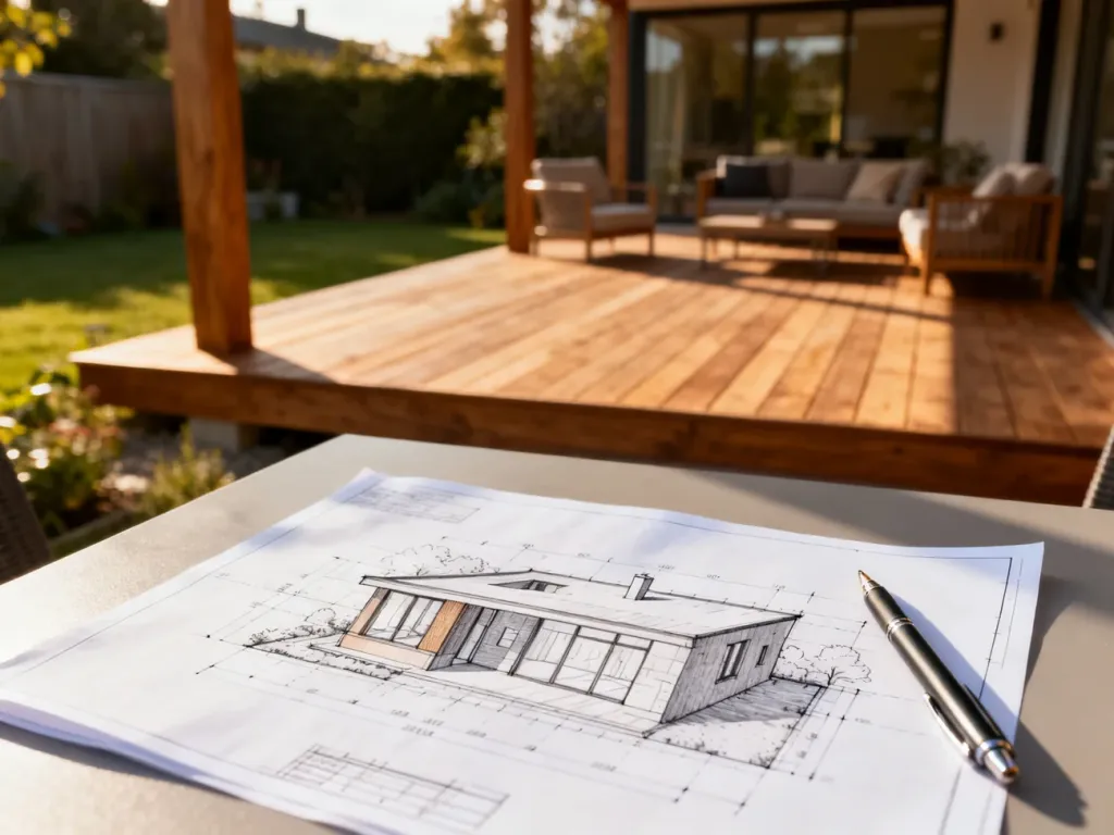 Projekt architektoniczny rozbudowy domu leżący na stole ogrodowym z widocznym w tle nowoczesnym drewnianym tarasem.