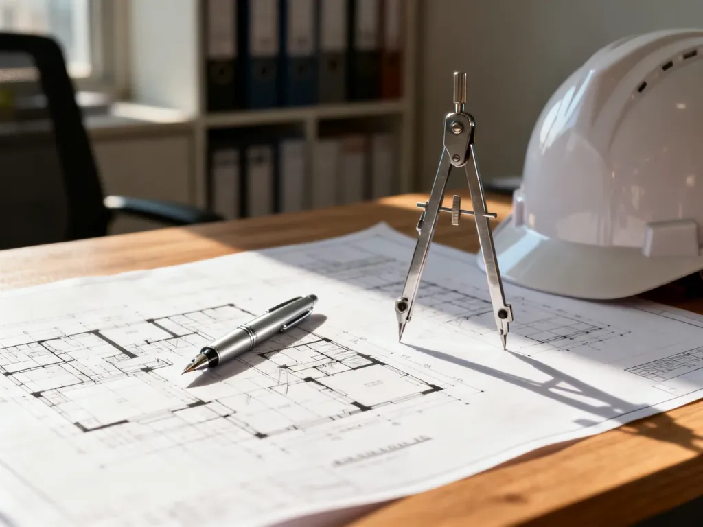Plany architektoniczne z przyborami kreślarskimi i kaskiem na biurku, symbolizujące proces przygotowań do budowy domu.