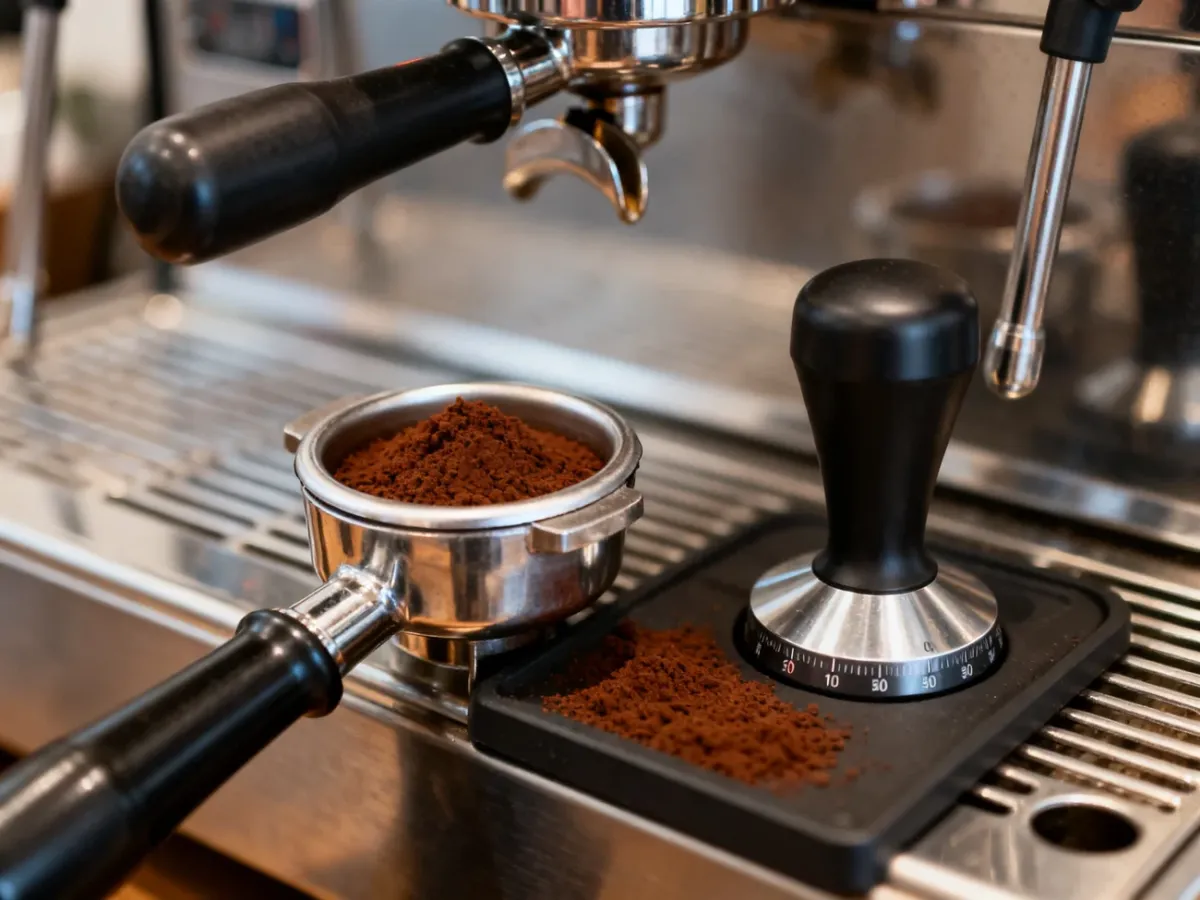 Precyzyjne sitko do espresso obok zmielonej kawy i tampera
