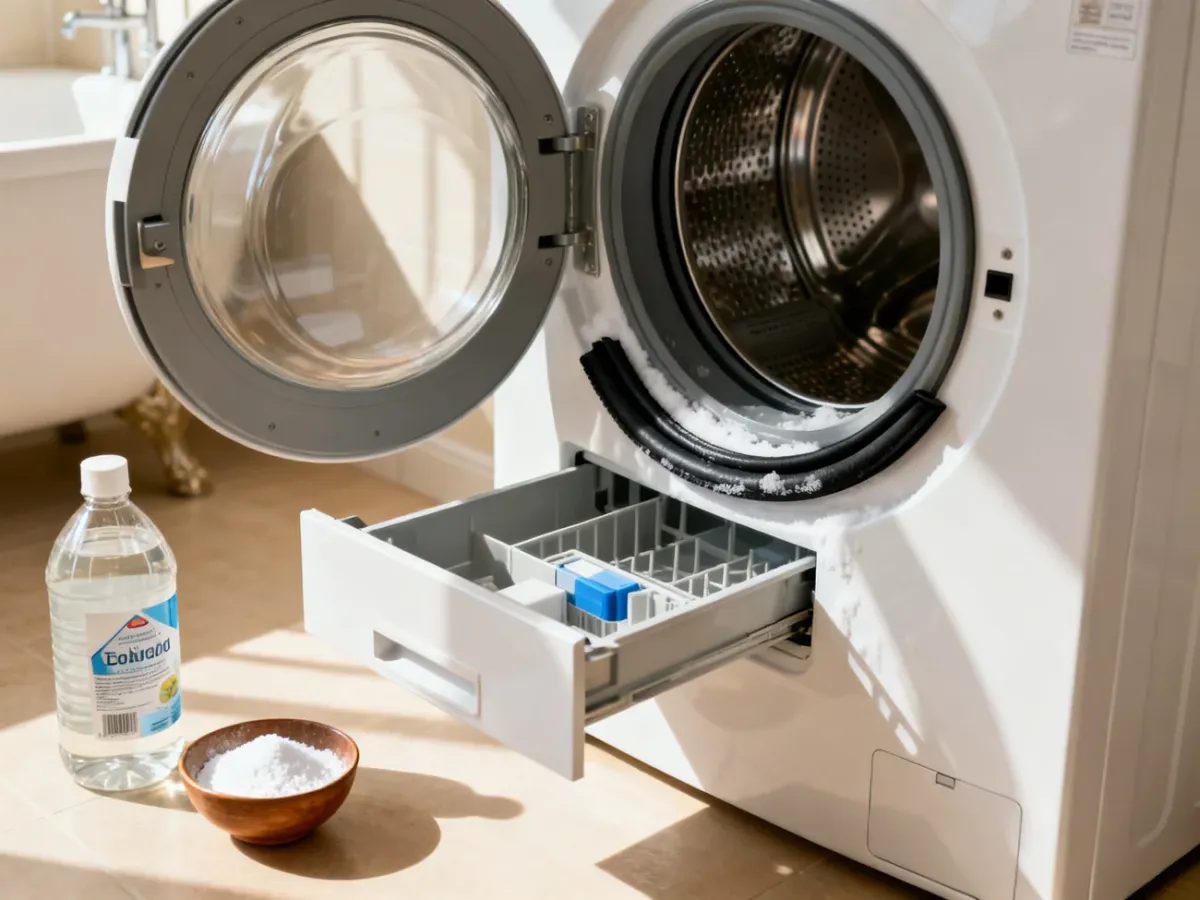 Czyszczenie pralki z otwartą szufladą na detergent i widoczną uszczelką