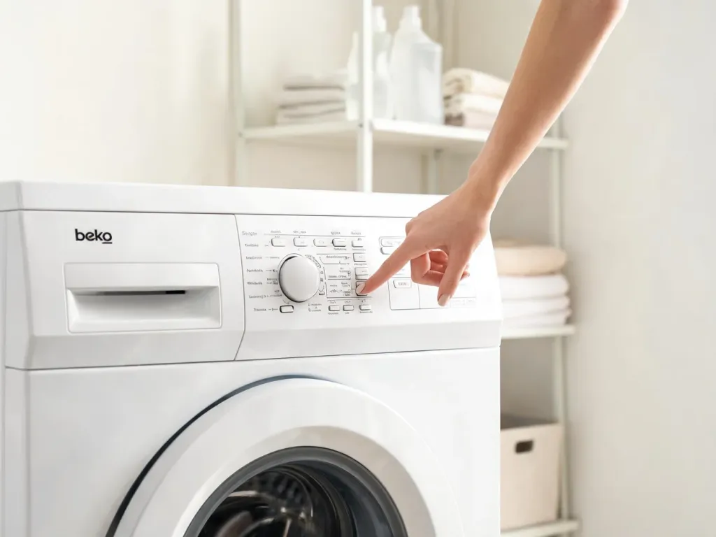 Ręka kobiety naciska przycisk reset na panelu pralki Beko w nowoczesnej, jasnej pralni.