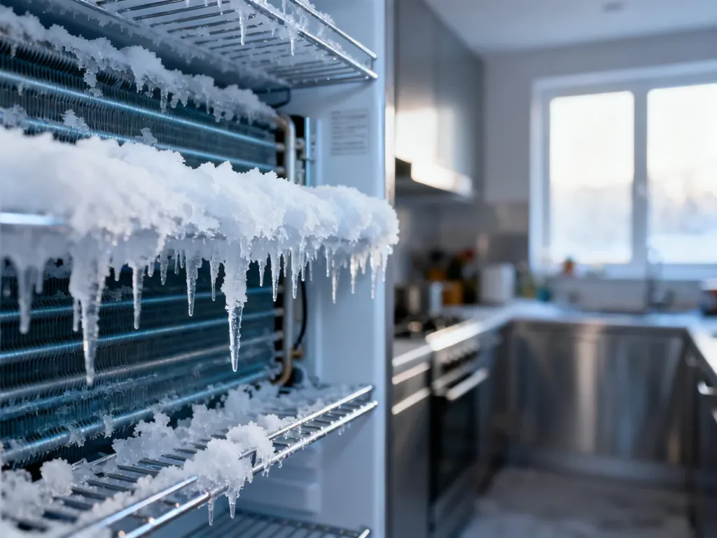 Warstwa szronu i lodu na elementach chłodzących wewnątrz zamrażarki, wskazująca na awarię systemu no frost.