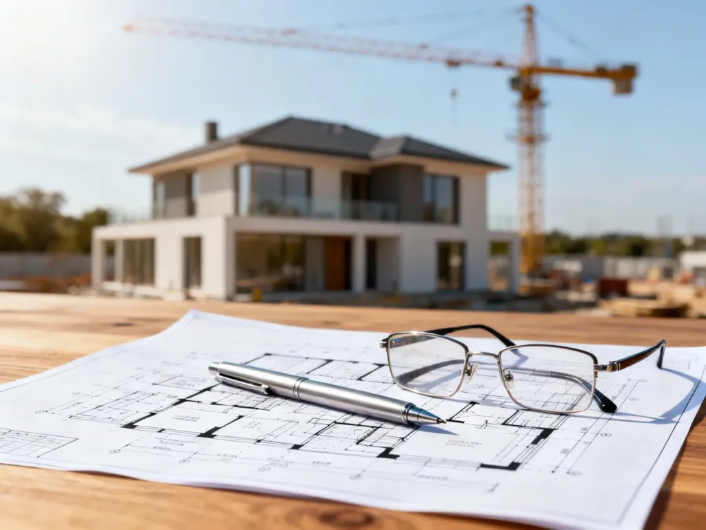 Profesjonalny projekt architektoniczny domu na drewnianym biurku, symbolizujący proces planowania budowy.