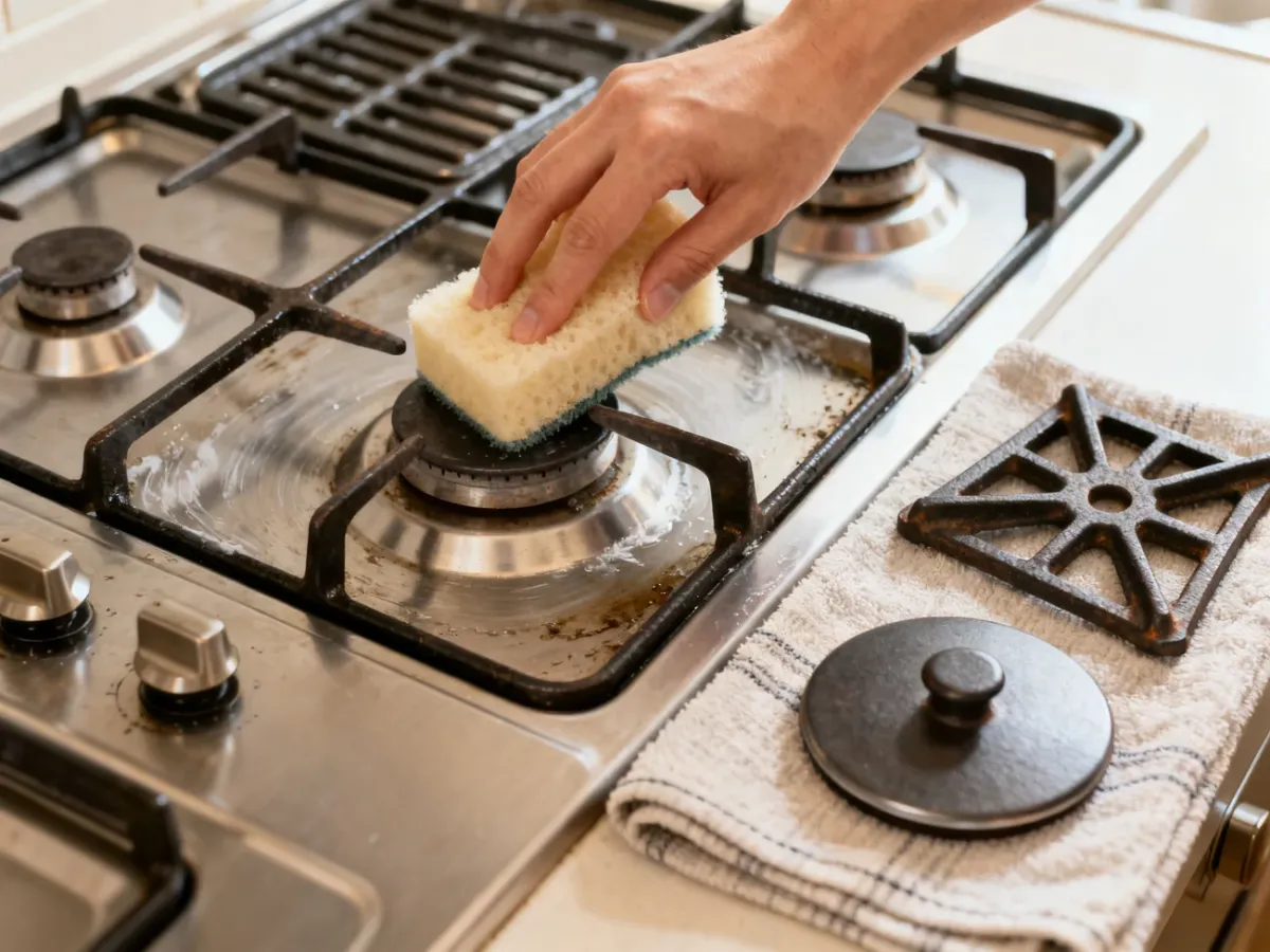 Czyszczenie blatu kuchenki gazowej miękką gąbką po zdjęciu rusztów i palników