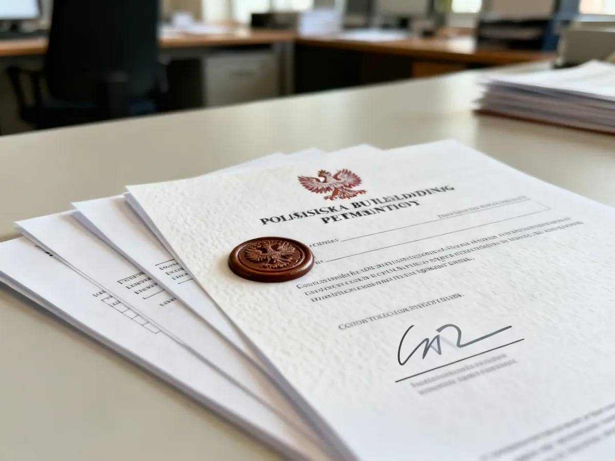 Urzędowa decyzja o pozwoleniu na budowę z pieczęcią na biurku