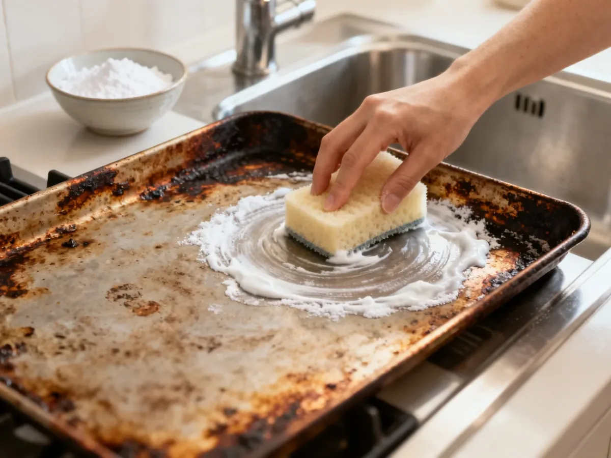 Delikatne czyszczenie przypalonej blachy pastą z sody oczyszczonej