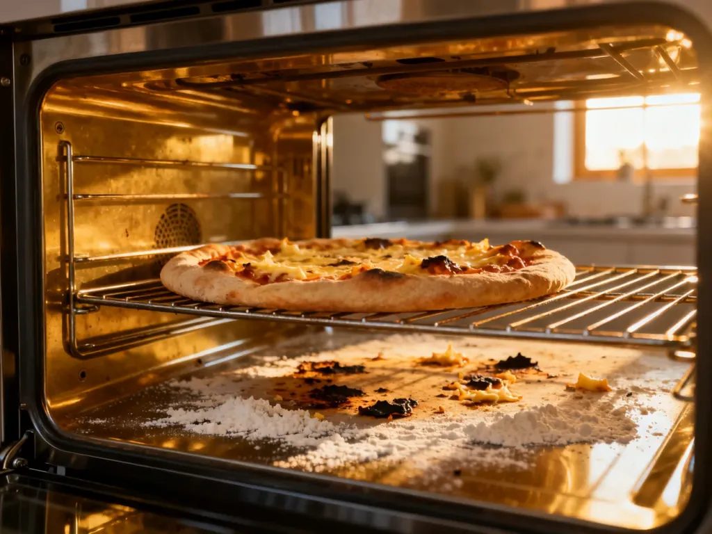 Wnętrze piekarnika z kamieniem do pizzy, na którym widać przypalone resztki sera i mąkę po pieczeniu.
