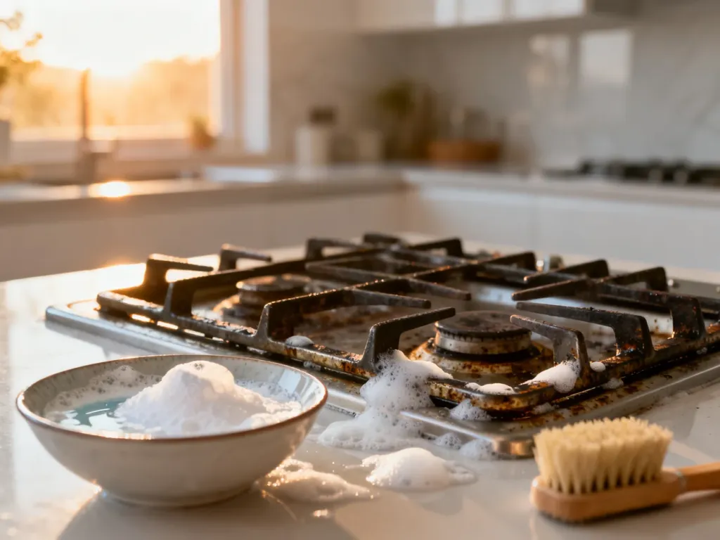 Zabrudzony ruszt kuchenki gazowej obok miseczki z roztworem sody i octu oraz szczotką do czyszczenia.