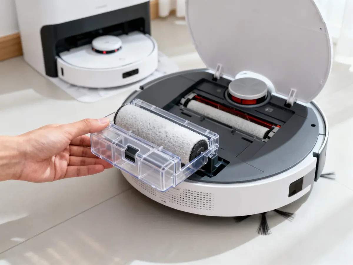 Wyjmowanie pojemnika na kurz z robota sprzątającego