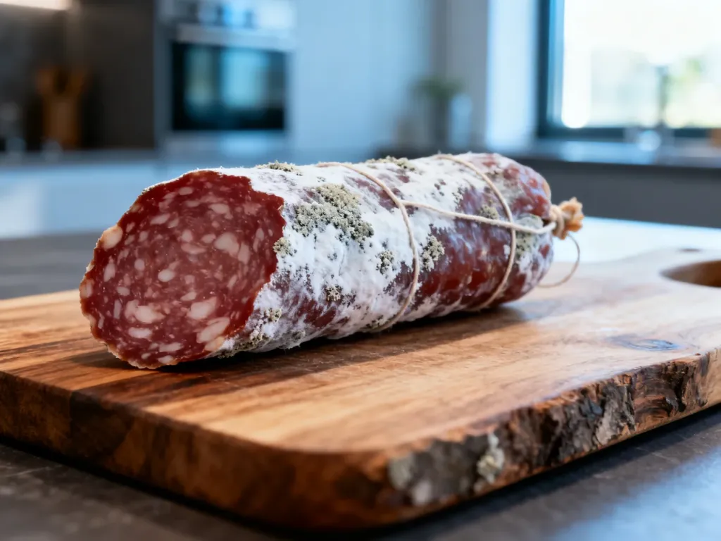 Sucha kiełbasa z naturalnym białym nalotem leżąca na drewnianej desce do krojenia w kuchni.