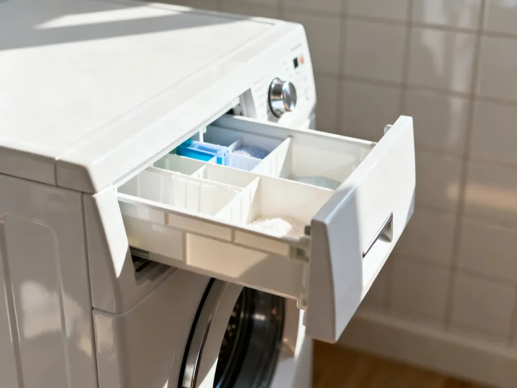 Wysunięta szuflada na detergenty w nowoczesnej pralce Bosch w jasnej pralni. Widoczne przegródki na proszek i płyn do płukania.
