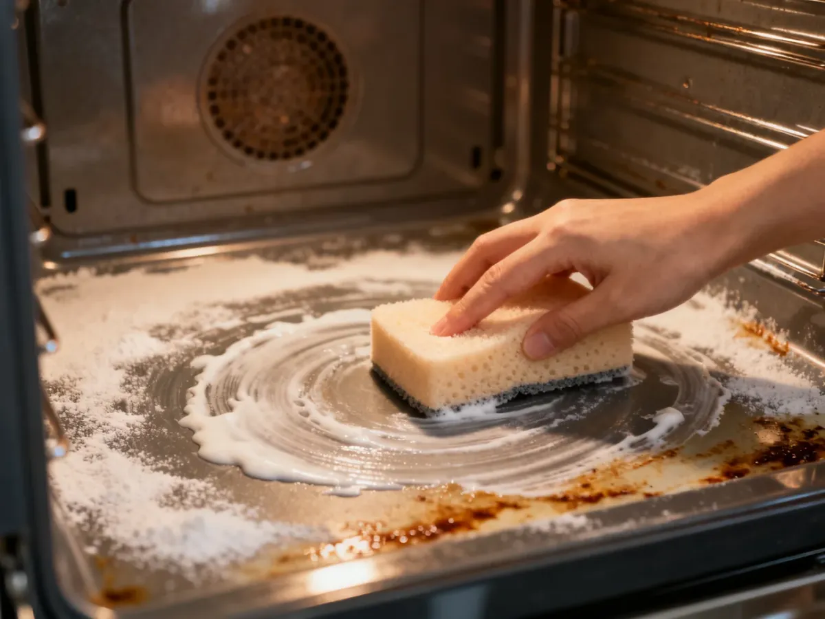 Wycieranie wnętrza piekarnika wilgotną gąbką po zastosowaniu pasty z proszku do pieczenia