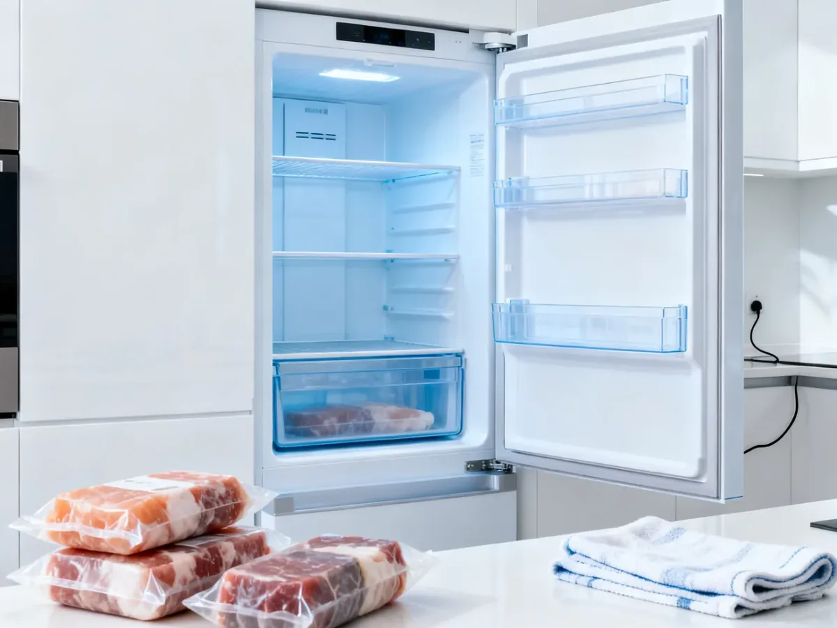 Otwarta zamrażarka No Frost po bezpiecznym rozmrożeniu, z suchym wnętrzem i uporządkowanymi produktami