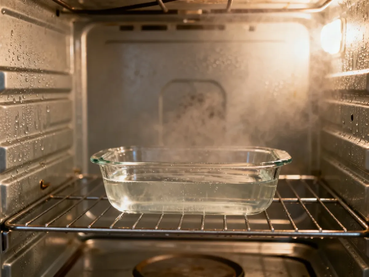 Piekarnik z naczyniem z roztworem kwasku cytrynowego i skroploną parą na ściankach