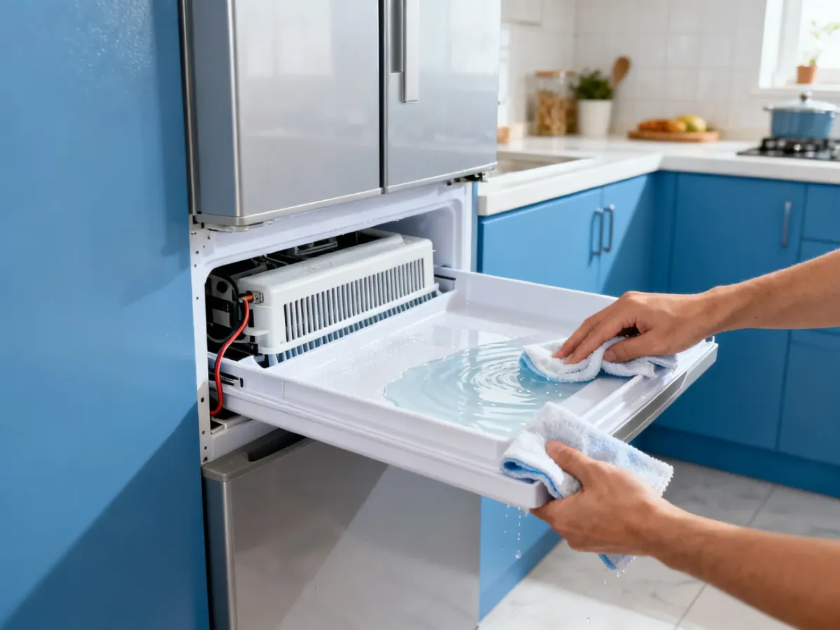 Czyszczenie tacki ociekowej i odpływu z tyłu lodówki No Frost