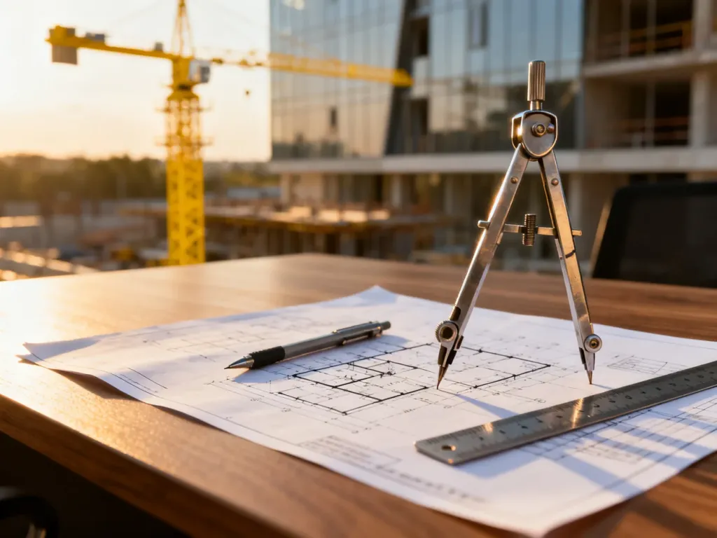 Projekt architektoniczny na drewnianym biurku z przyborami kreślarskimi, w tle rozmyta budowa z żurawiem.
