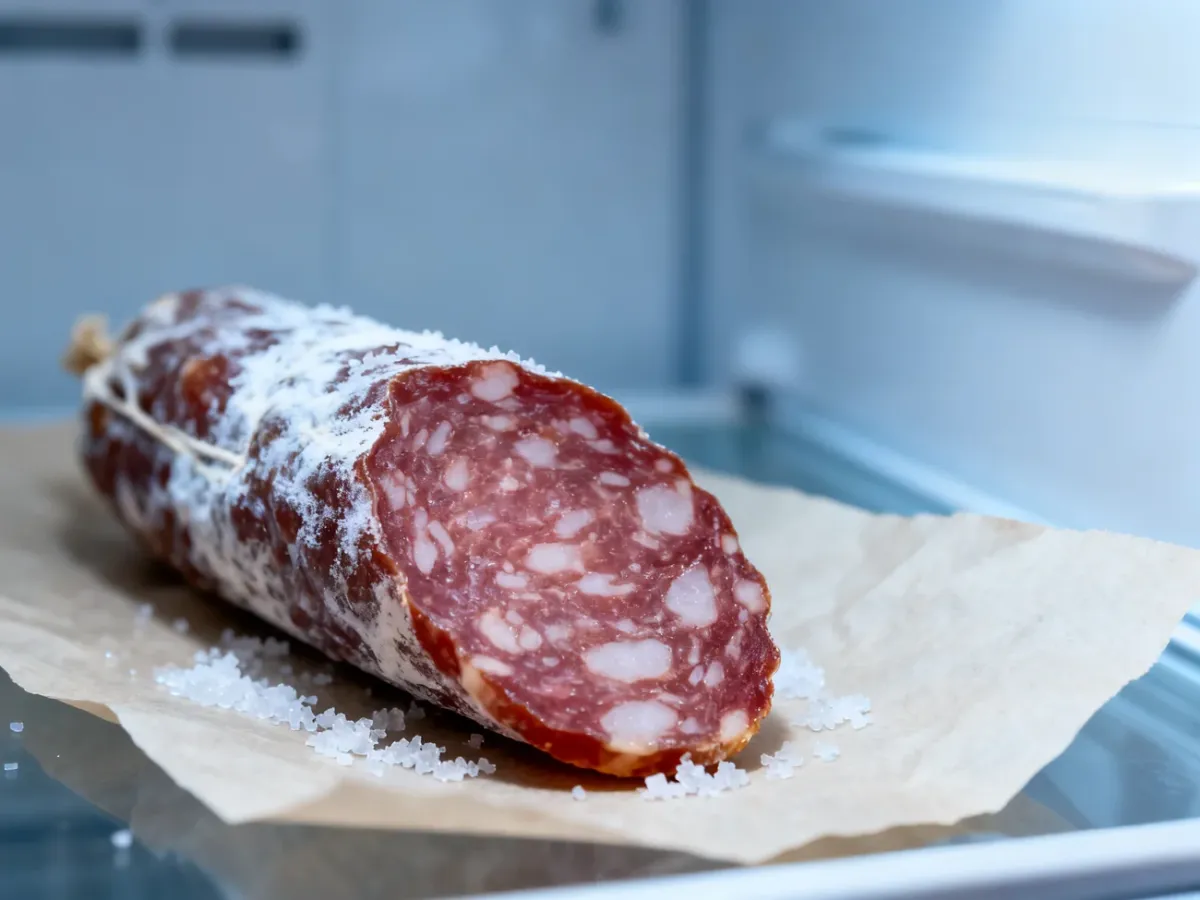 Kiełbasa z białym, suchym nalotem przechowywana w lodówce