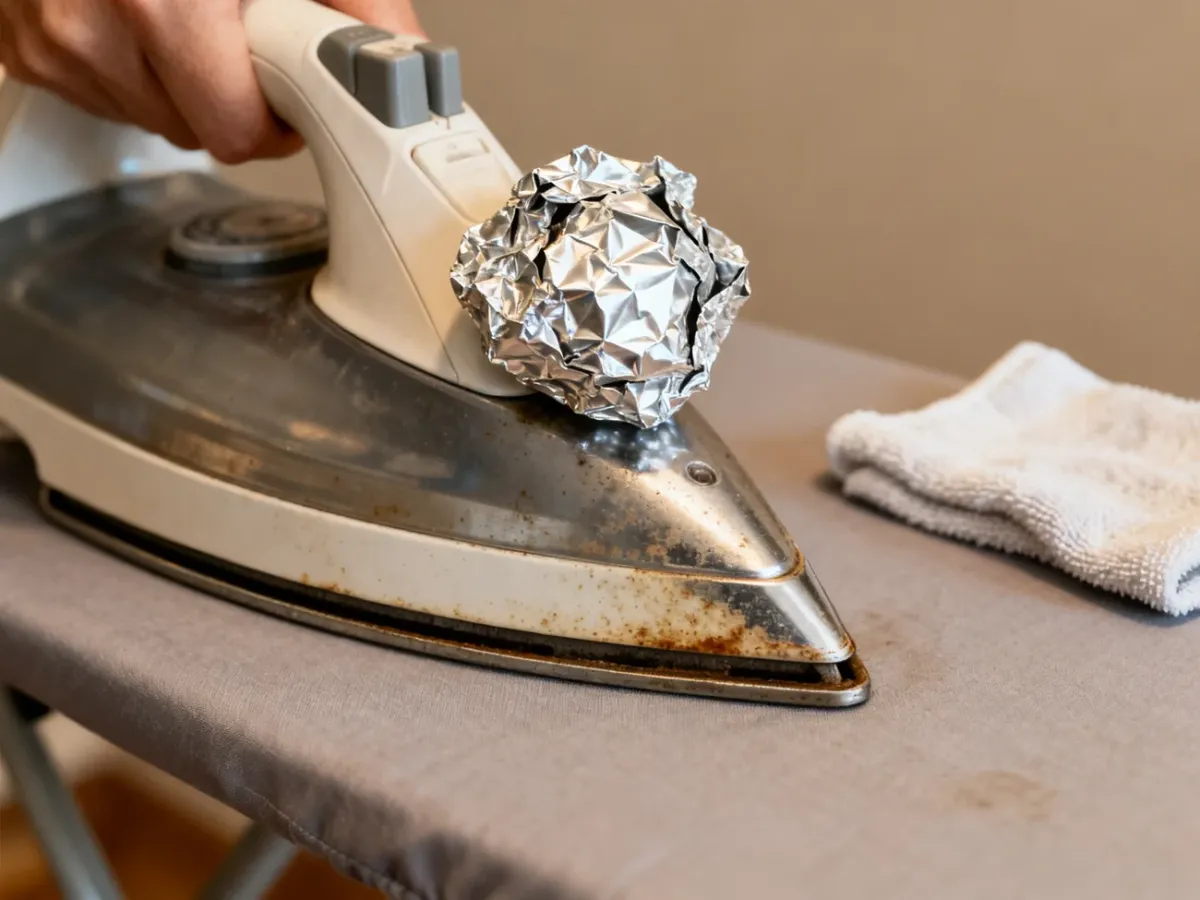 Żelazko czyszczone delikatnie kulką z folii aluminiowej na desce do prasowania