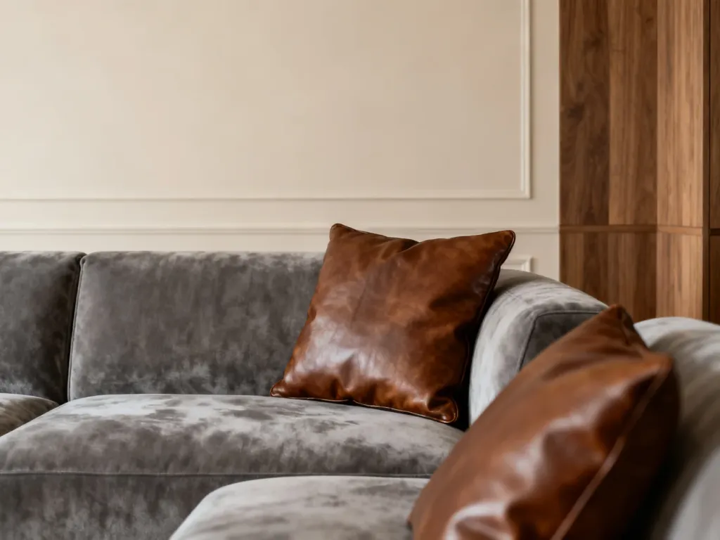 Nowoczesny salon z szarą sofą i brązowymi poduszkami na tle beżowej ściany z drewnianymi akcentami.