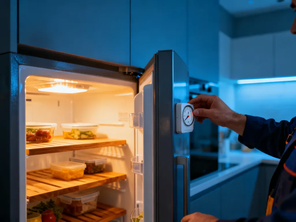 Serwisant sprawdza termostat w otwartej lodówce, w której świeci się światło, mimo problemów z chłodzeniem.