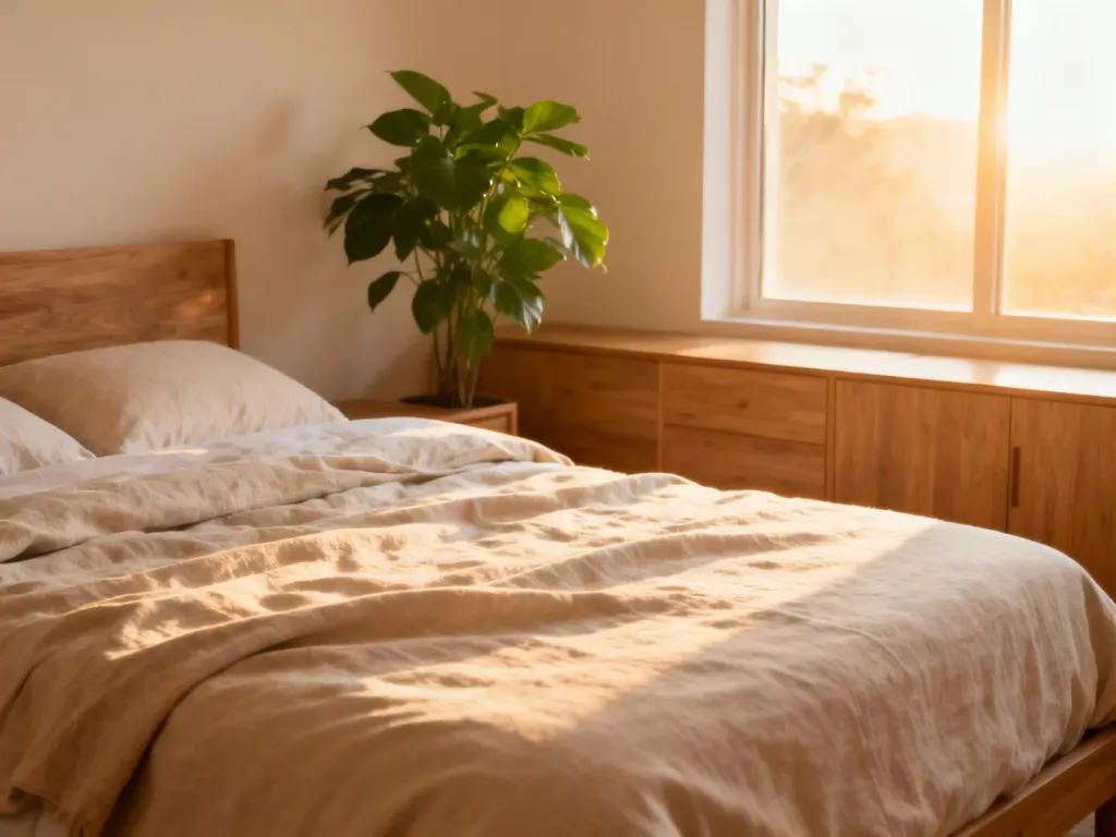 Przytulna sypialnia z łóżkiem ustawionym zgodnie z zasadami harmonii i feng shui, wypełniona naturalnym światłem.