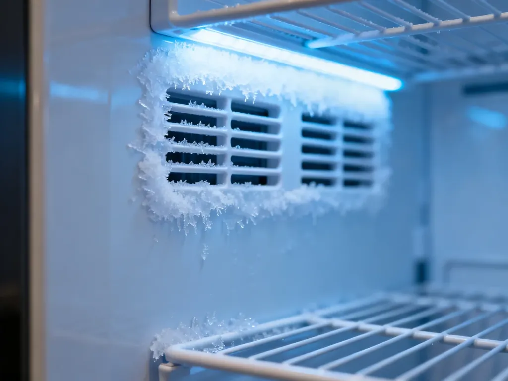 Warstwa szronu na tylnej ścianie zamrażarki typu no frost, wskazująca na problem z cyrkulacją powietrza lub uszczelką.