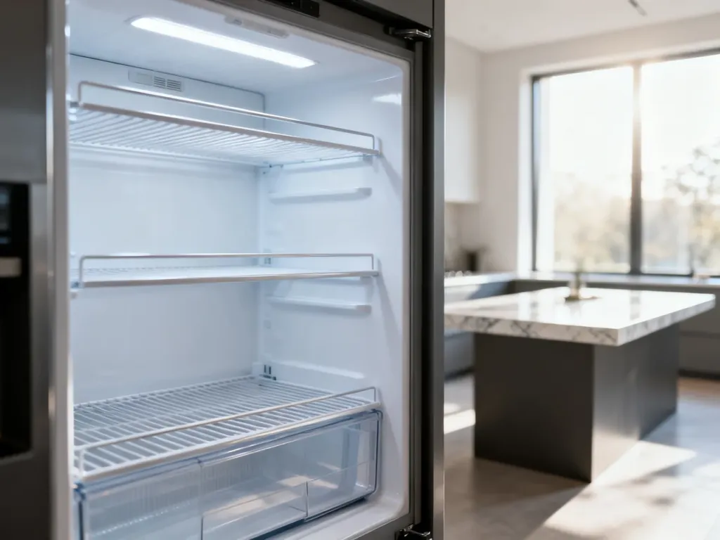 Wnętrze nowoczesnej lodówki typu no frost z czystymi, suchymi półkami i oświetleniem LED.