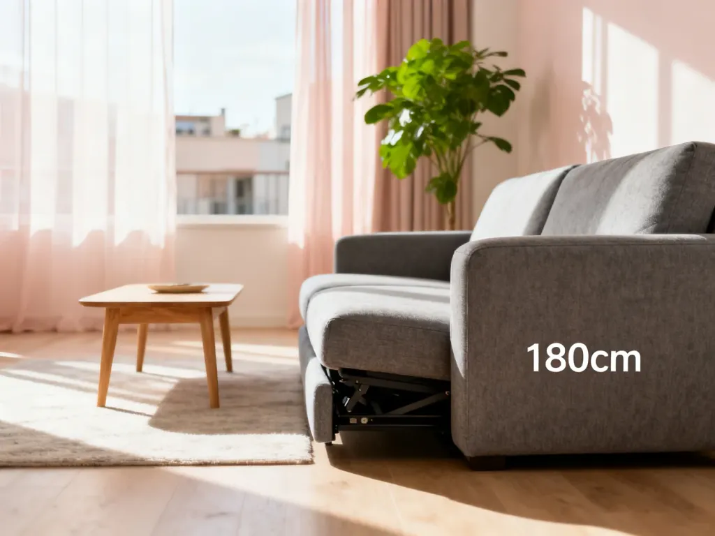 Nowoczesna szara kanapa 180 cm z funkcją spania w przytulnym, słonecznym salonie o minimalistycznym wystroju.
