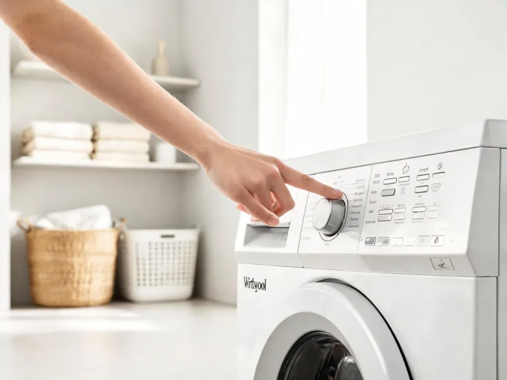 Dłoń naciska przycisk na panelu pralki Whirlpool, ilustrując krok resetowania w nowoczesnej, jasnej pralni.
