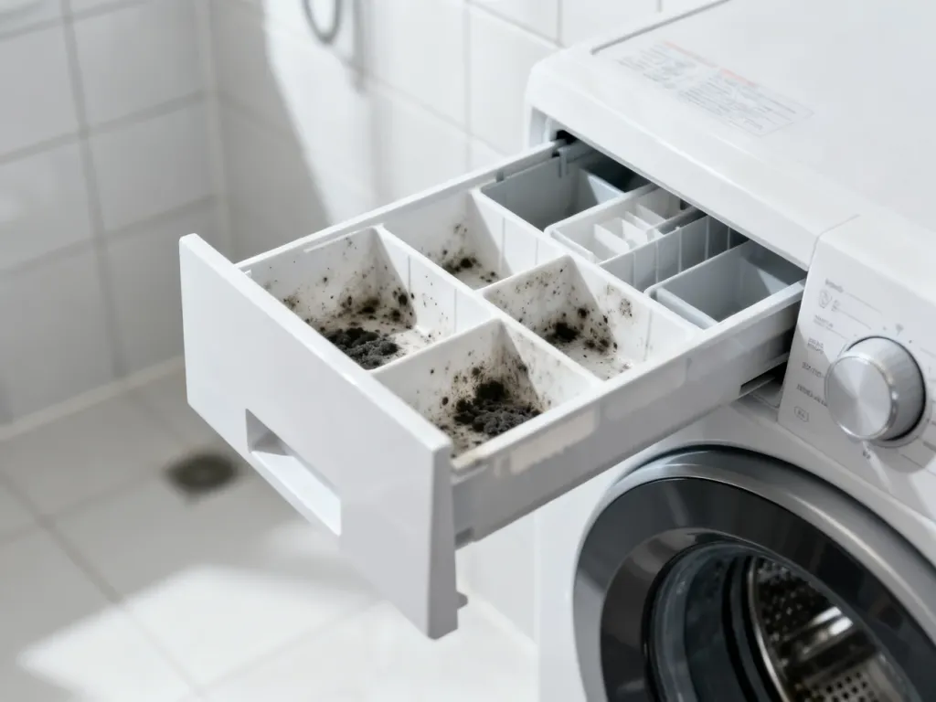Wysunięta szuflada pralki z widocznymi ciemnymi śladami pleśni wewnątrz plastikowych przegródek.