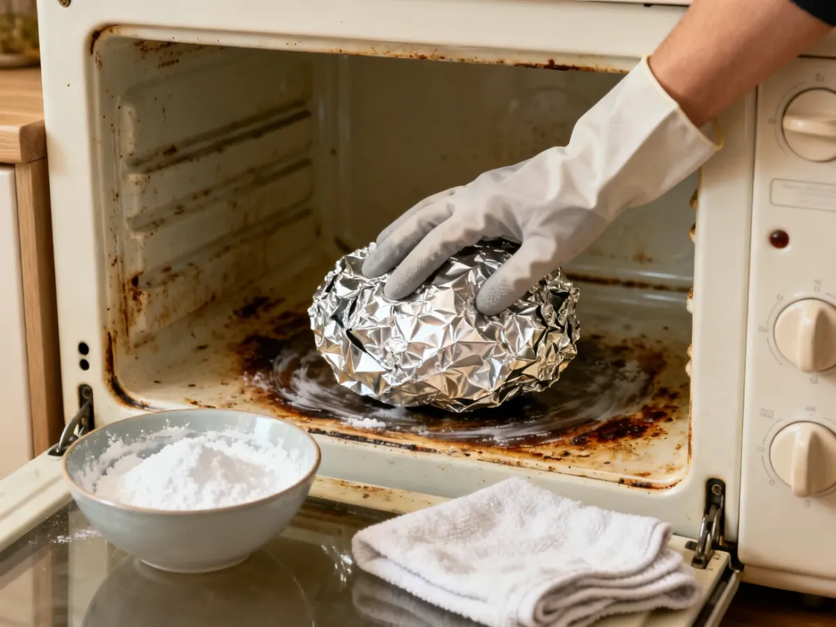 Osoba w rękawiczkach delikatnie czyści przypalenia w zimnym piekarniku kulką z folii aluminiowej
