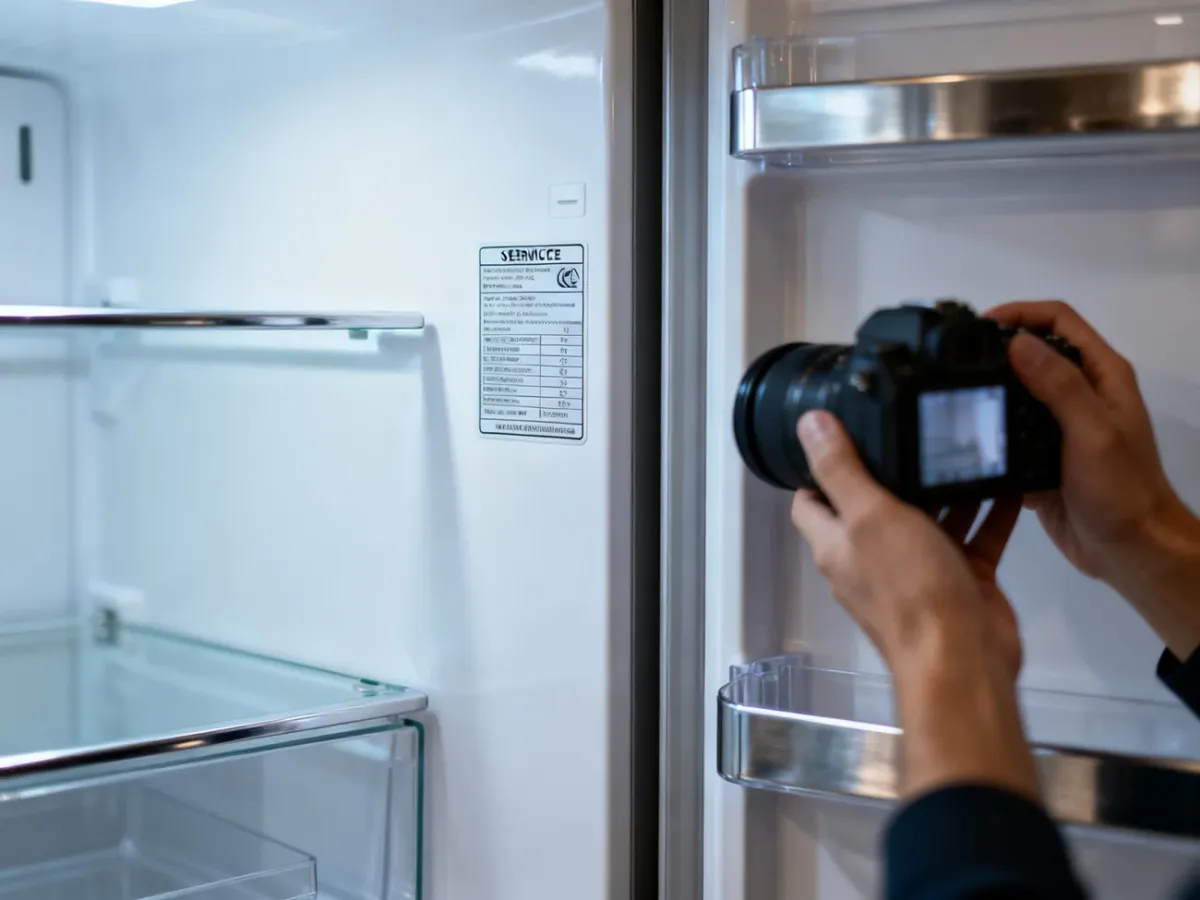 Fotografowanie tabliczki znamionowej lodówki i pustego miejsca po wyjętej półce
